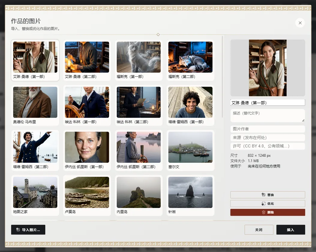 作品的图片:图库、所选图片及其信息,以及导入按钮