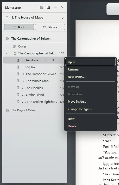 The “More actions” menu of a chapter