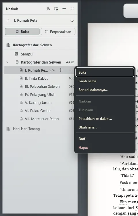 Menu “Tindakan lainnya” pada sebuah bab
