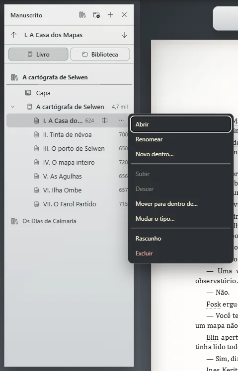 O menu “Mais ações” de um capítulo