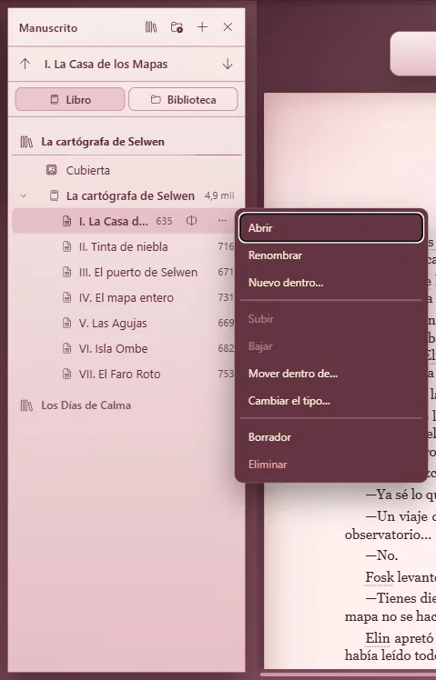 El menú «Más acciones» de un capítulo