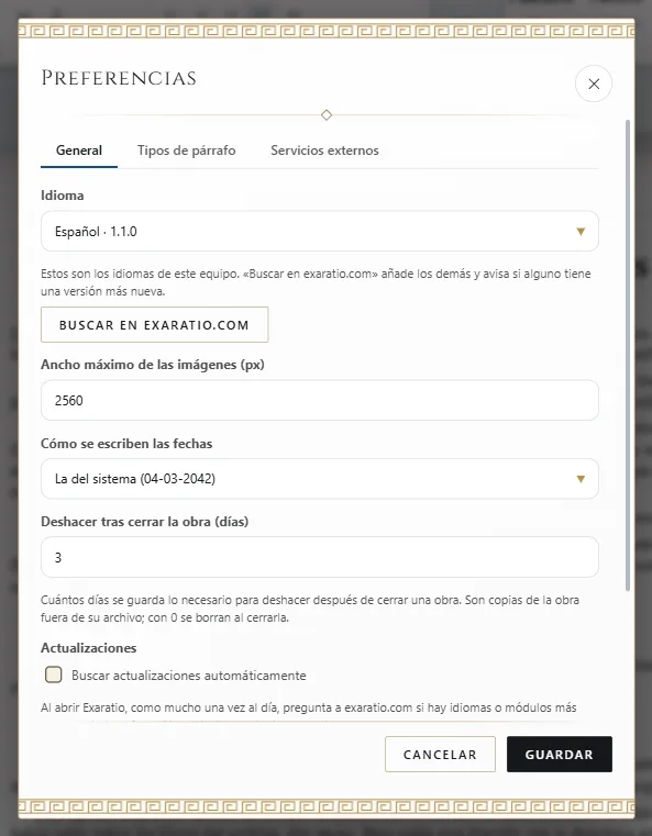 Las Preferencias, con el idioma y el botón para buscar más idiomas