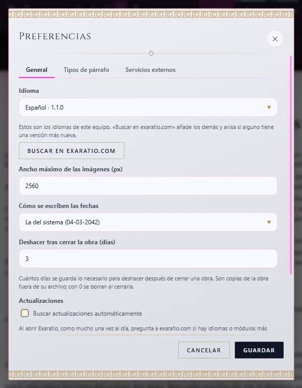 Las Preferencias, con el idioma y el botón para buscar más idiomas