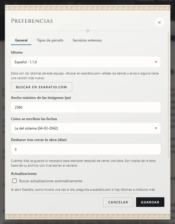 Las Preferencias, con el idioma y el botón para buscar más idiomas