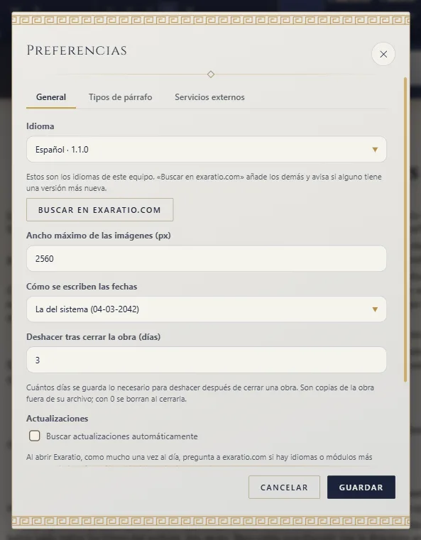Las Preferencias, con el idioma y el botón para buscar más idiomas