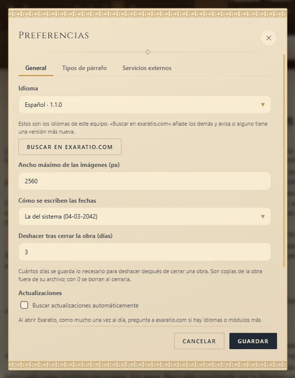 Las Preferencias, con el idioma y el botón para buscar más idiomas