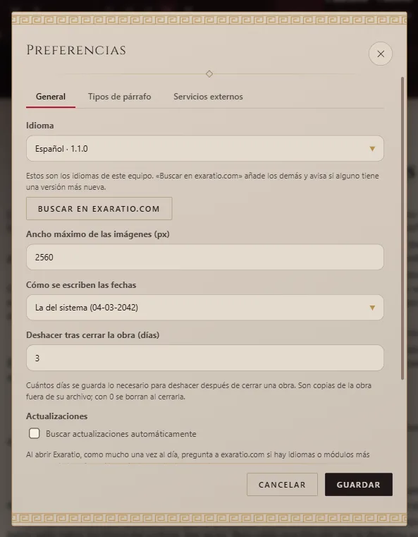 Las Preferencias, con el idioma y el botón para buscar más idiomas