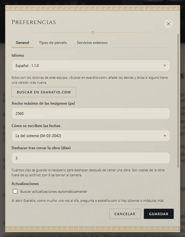 Las Preferencias, con el idioma y el botón para buscar más idiomas
