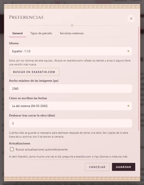 Las Preferencias, con el idioma y el botón para buscar más idiomas