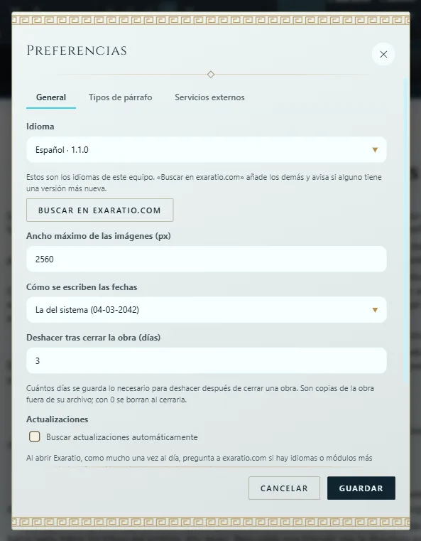 Las Preferencias, con el idioma y el botón para buscar más idiomas
