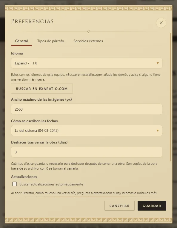 Las Preferencias, con el idioma y el botón para buscar más idiomas