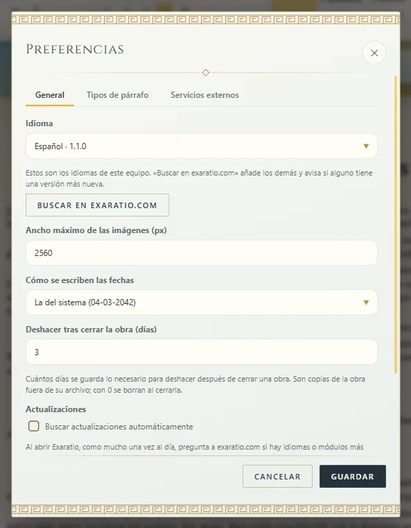 Las Preferencias, con el idioma y el botón para buscar más idiomas