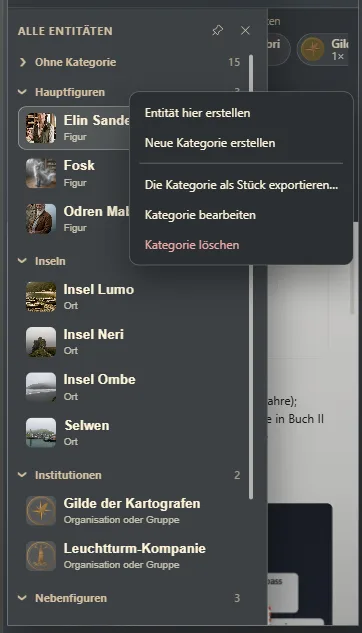 Die Liste der Entitäten, nach Kategorien gruppiert, mit dem Menü einer Kategorie