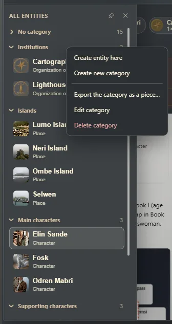 The list of entities grouped by category, with a category's menu