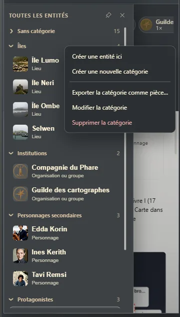 La liste des entités regroupée par catégories, avec le menu d’une catégorie
