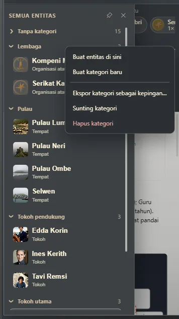 Daftar entitas yang dikelompokkan menurut kategori, dengan menu sebuah kategori