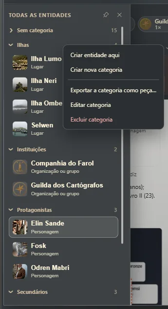 A lista de entidades agrupada por categorias, com o menu de uma categoria