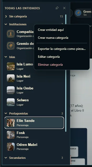 La lista de entidades agrupada por categorías, con el menú de una categoría