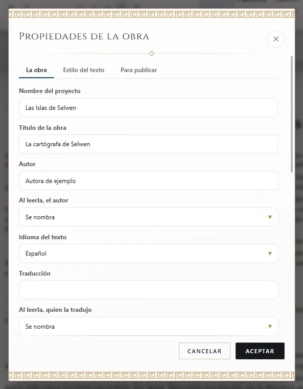 Propiedades de la obra: título, autor e idioma