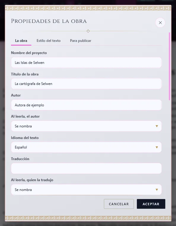 Propiedades de la obra: título, autor e idioma