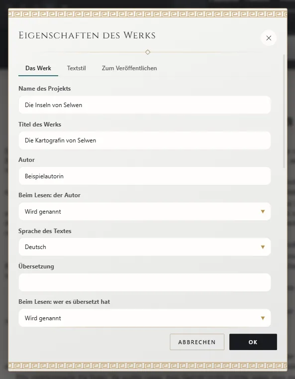 Eigenschaften des Werks: Titel, Autor und Sprache