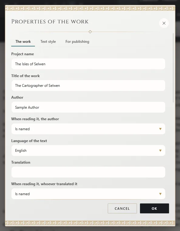 Work properties: title, author and language