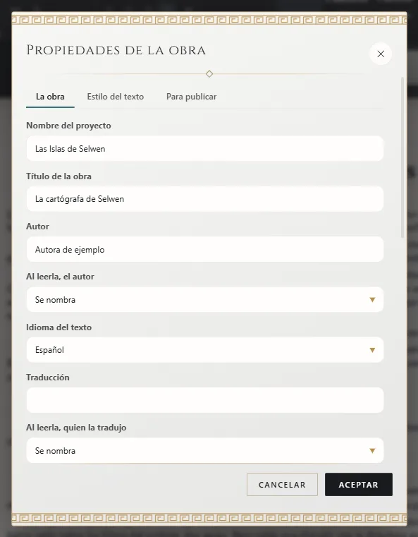 Propiedades de la obra: título, autor e idioma