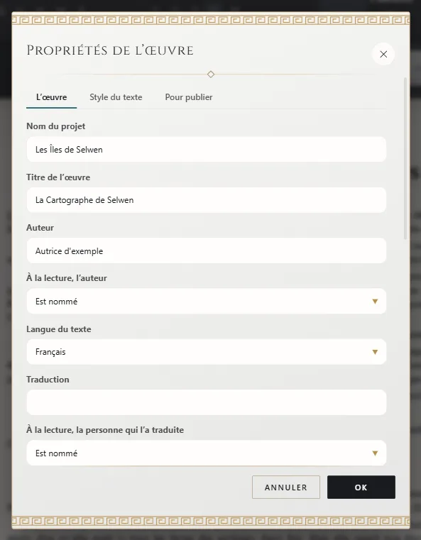 Propriétés de l’œuvre : titre, auteur et langue