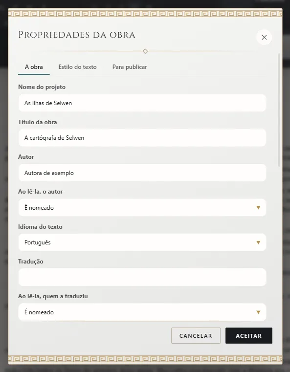 Propriedades da obra: título, autor e idioma