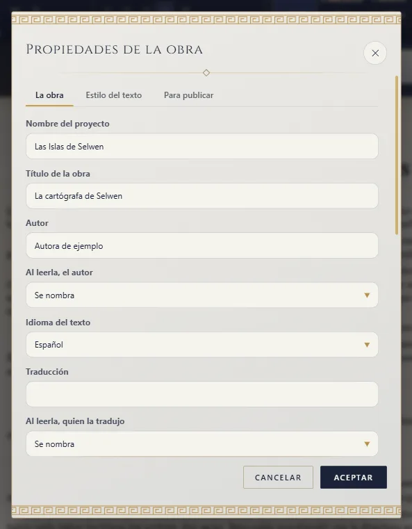 Propiedades de la obra: título, autor e idioma