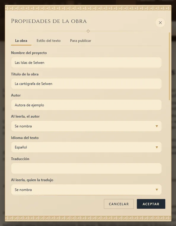 Propiedades de la obra: título, autor e idioma