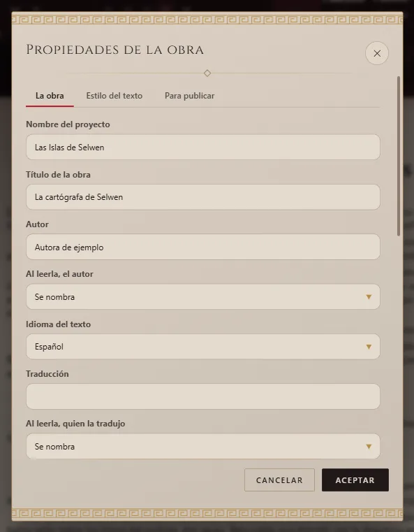 Propiedades de la obra: título, autor e idioma