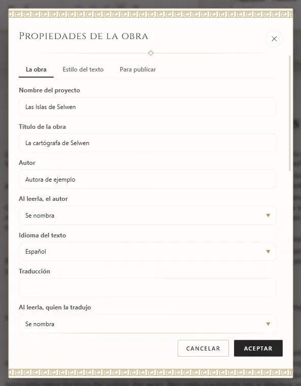 Propiedades de la obra: título, autor e idioma