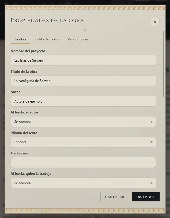 Propiedades de la obra: título, autor e idioma