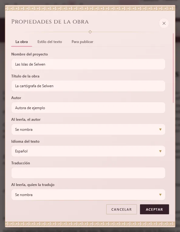 Propiedades de la obra: título, autor e idioma