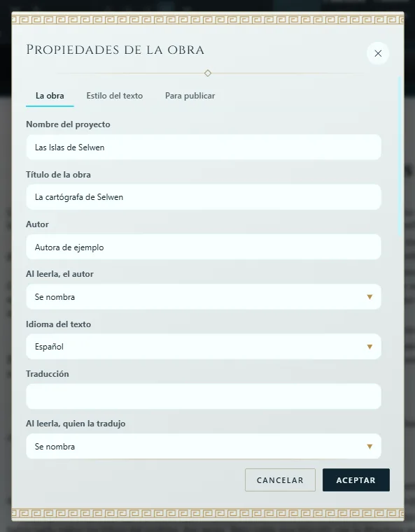 Propiedades de la obra: título, autor e idioma