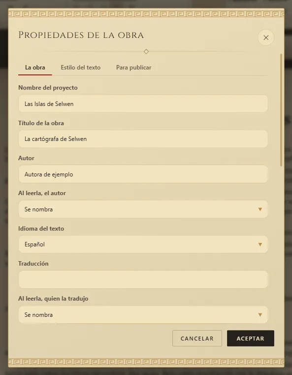 Propiedades de la obra: título, autor e idioma