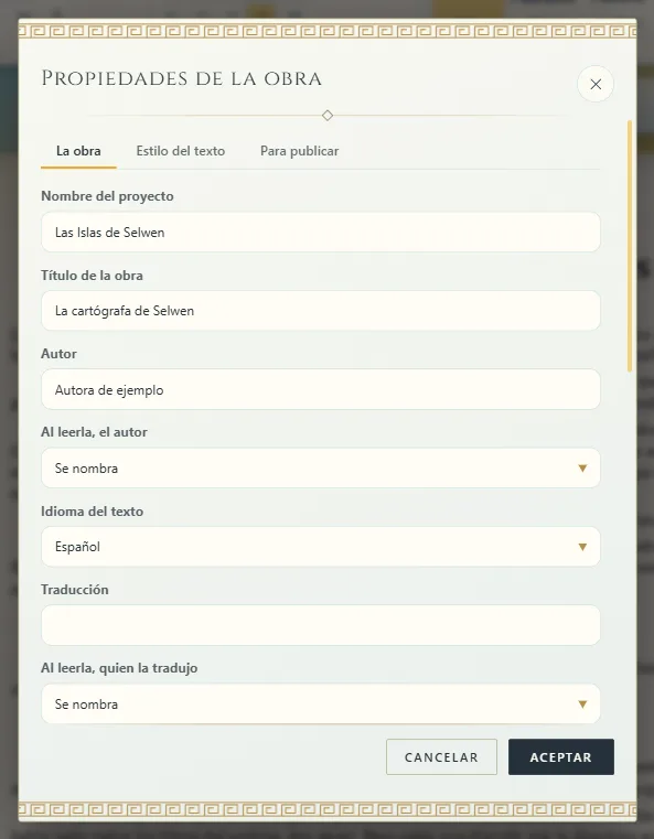 Propiedades de la obra: título, autor e idioma