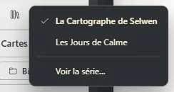 Le bouton du livre ouvert et la liste des livres de la série