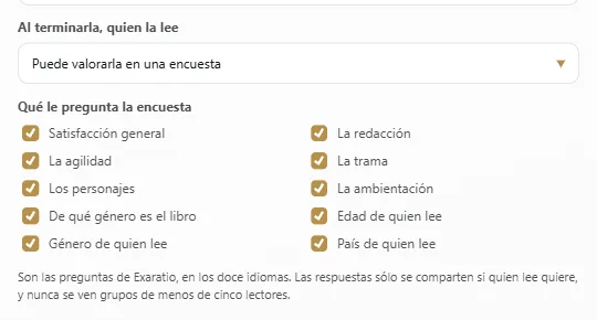 En las propiedades de la obra: si quien la lee puede valorarla y qué le pregunta