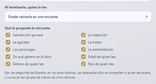 En las propiedades de la obra: si quien la lee puede valorarla y qué le pregunta