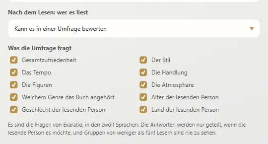 In den Eigenschaften des Werks: ob Leser es bewerten können und was sie gefragt werden