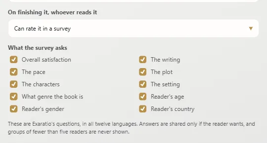 In the work's properties: whether whoever reads it can rate it and what it asks them