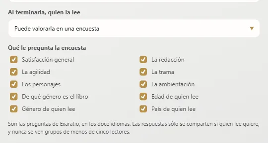 En las propiedades de la obra: si quien la lee puede valorarla y qué le pregunta
