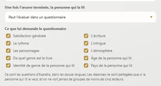 Dans les propriétés de l’œuvre : si la personne qui la lit peut l’évaluer et ce qui lui est demandé
