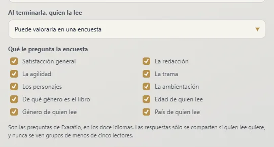 En las propiedades de la obra: si quien la lee puede valorarla y qué le pregunta