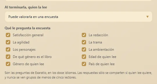 En las propiedades de la obra: si quien la lee puede valorarla y qué le pregunta