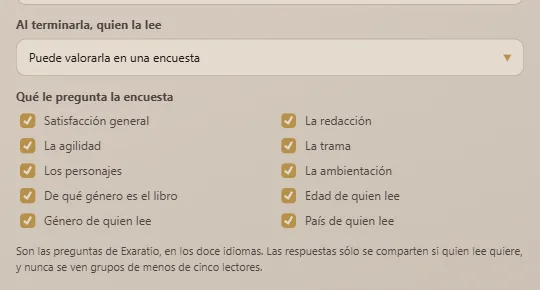 En las propiedades de la obra: si quien la lee puede valorarla y qué le pregunta