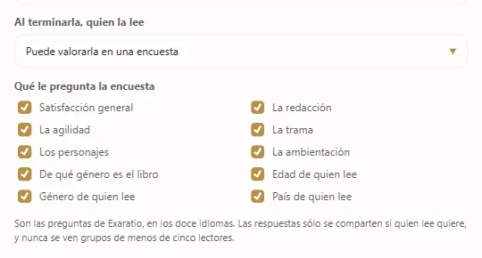 En las propiedades de la obra: si quien la lee puede valorarla y qué le pregunta