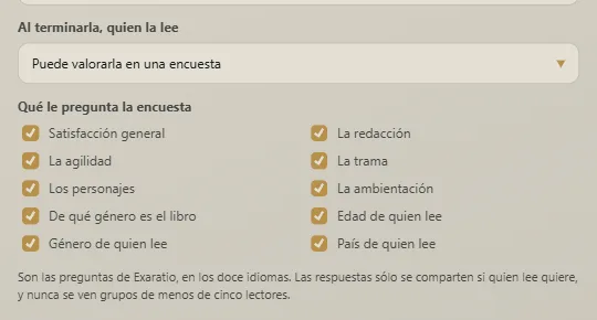 En las propiedades de la obra: si quien la lee puede valorarla y qué le pregunta
